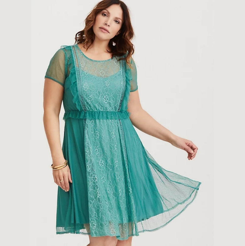 Torrid Teal Mesh Lace Skater Dress Size 0 (Plus)